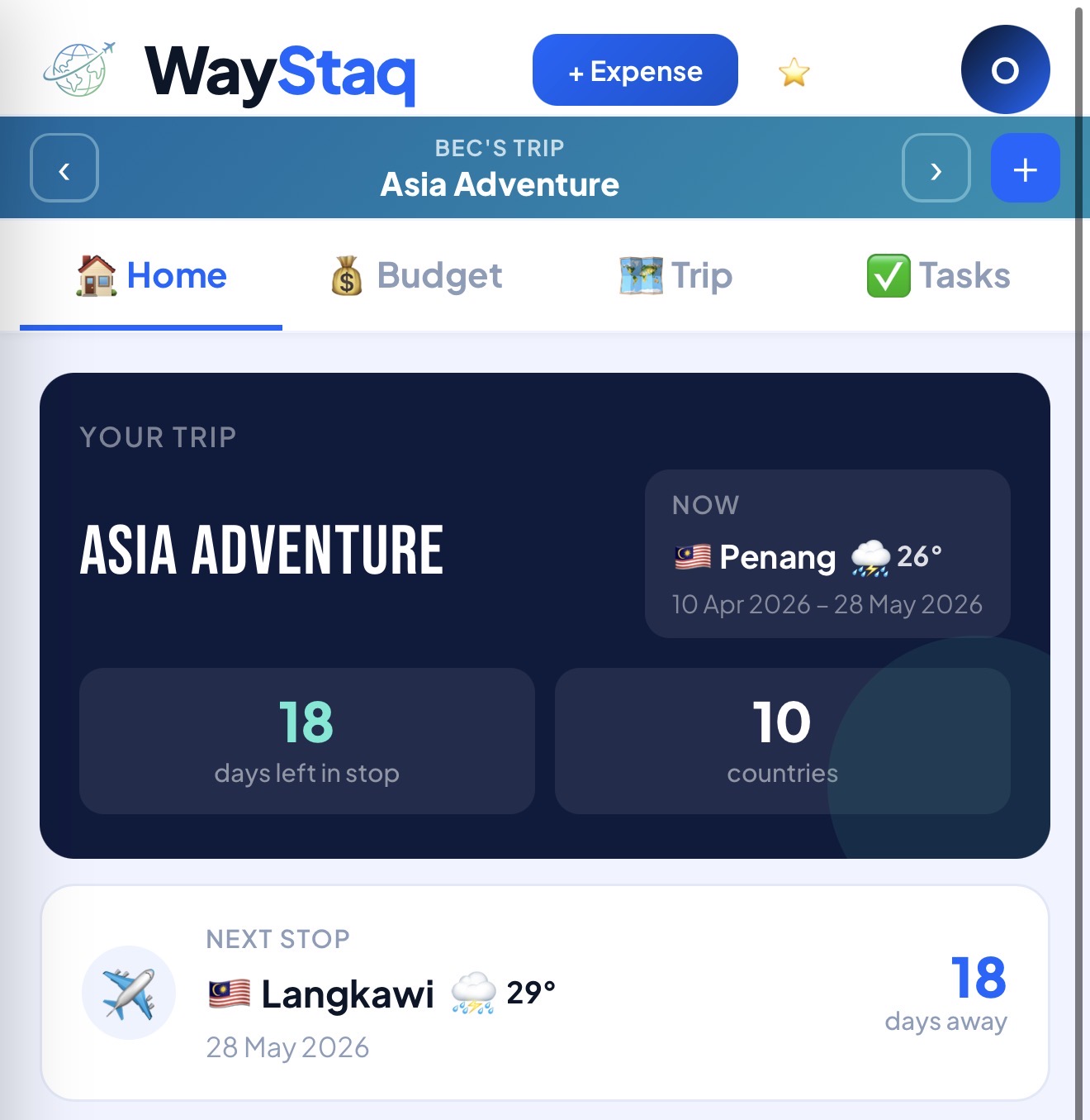 WayStaq home screen showing Asia Adventure trip across 10 countries